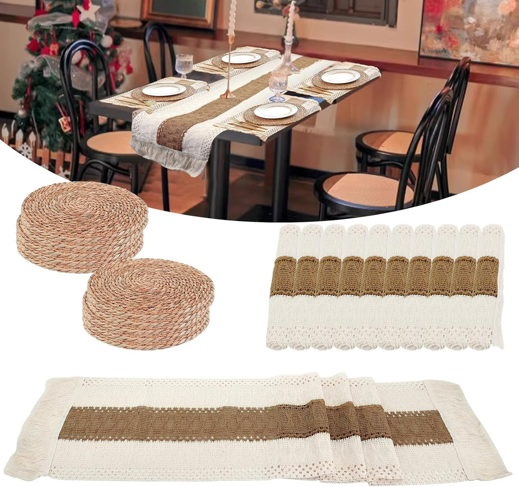 10 Sets Boho Placemats Macrame Style Bicolor Stitching Round Woven Placemats Cotton Burlap Farmhouse Rustic Long Table Runner for Home Kitchen Table Dining (Brown)