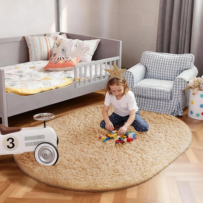 Ophanie 4x6 Oval Beige Rugs for Bedroom Living Room, Fluffy Fuzzy Furry Carpet - Image 5