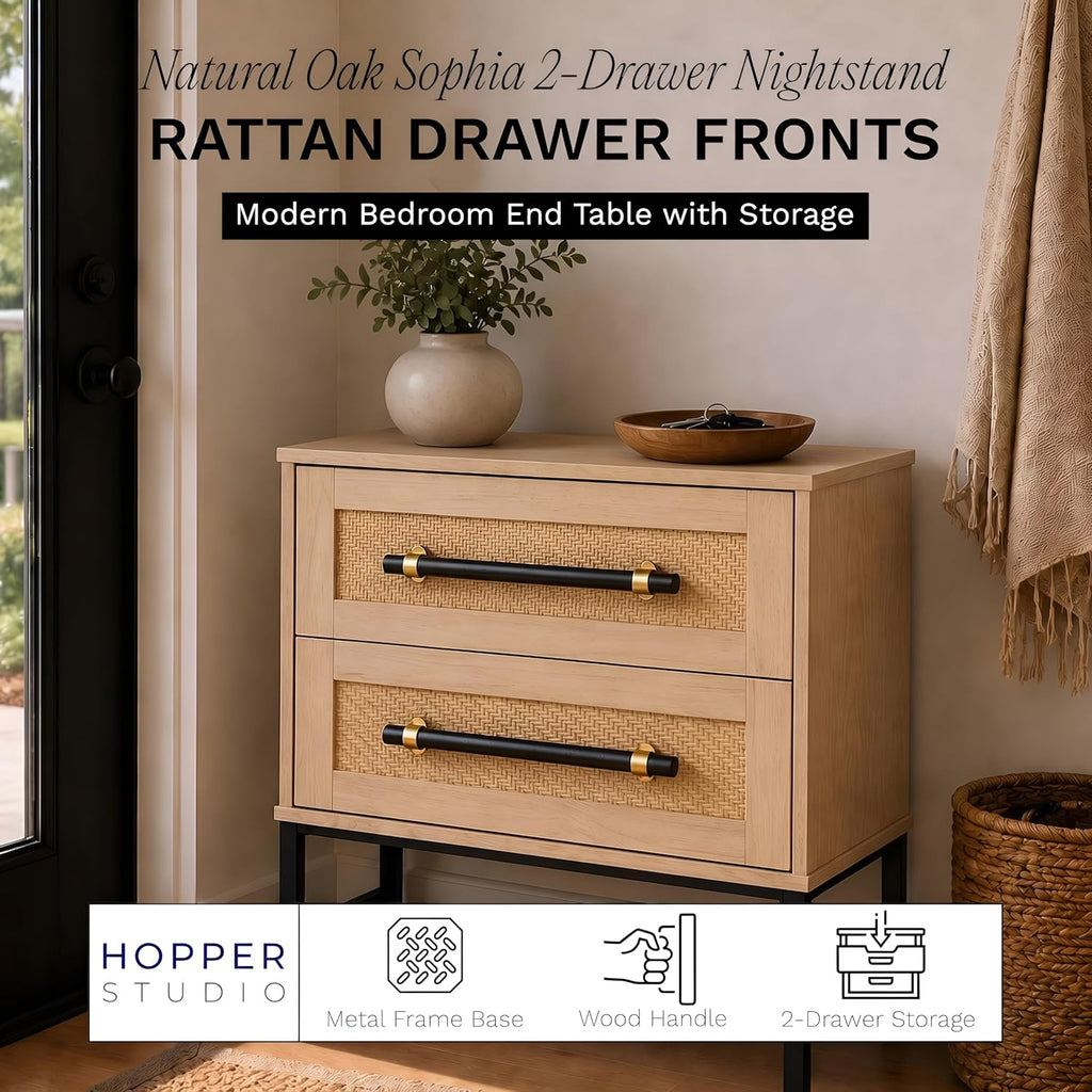 Sophia 2-Drawer Nightstand in Natural Oak Look with Rattan Panels and Minimalist Black Metal Frame- Perfect Bedroom Storage for Small Spaces, Large Suites, or Living Rooms