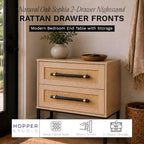 Sophia 2-Drawer Nightstand in Natural Oak Look with Rattan Panels and Minimalist Black Metal Frame- Perfect Bedroom Storage for Small Spaces, Large Suites, or Living Rooms