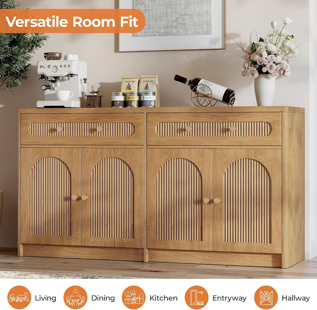 59" W Arched and Fluted Sideboard Buffet Cabinet with Storage, Oak