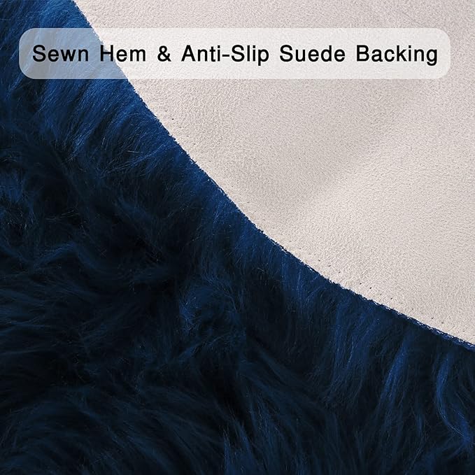 duduta Navy Blue Faux Sheepskin Round Rug 4x4 ft, Fluffy Shag Fur Bedroom - Image 3