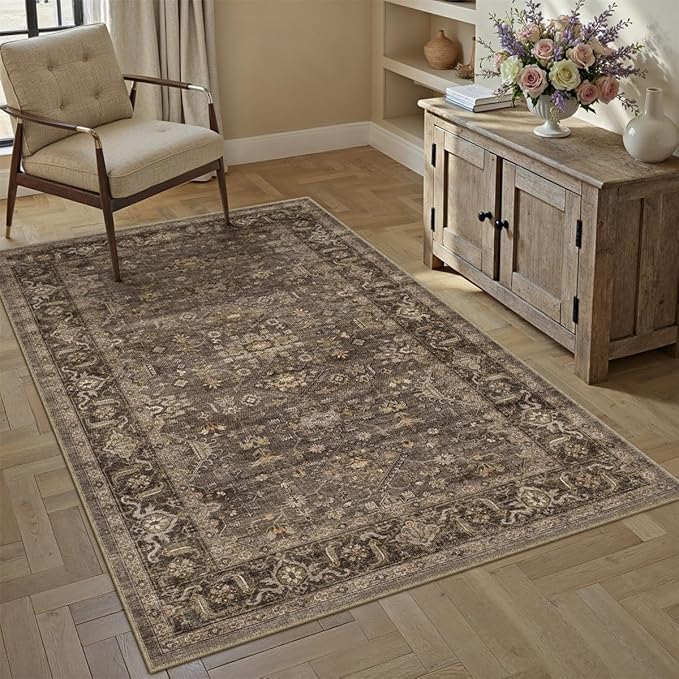 3x4 Washable Area Rug for Entryway Vintage Brown Non Slip Low Pile Carpet by WondRg