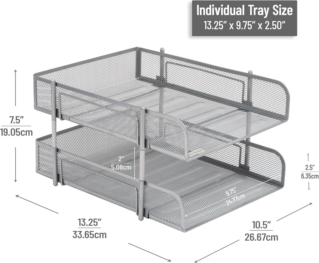 Mind Reader Stackable Paper Tray, Desktop Organizer, File Storage, Office, Metal Mesh, 2 Pc, Silver