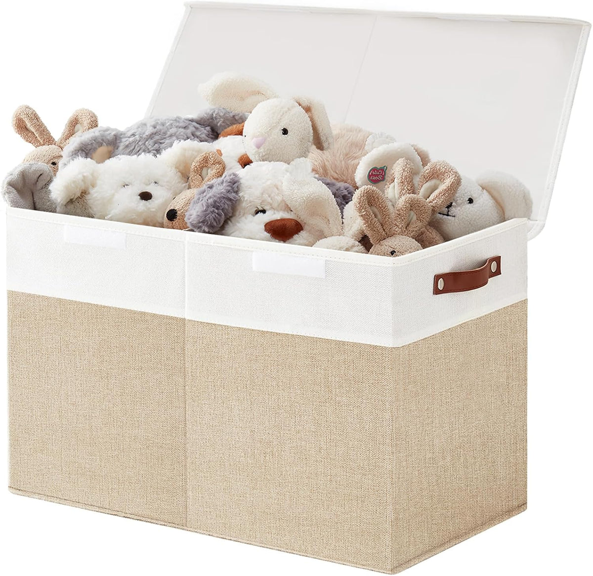 Large Toy Storage Box with Lids, Collapsible Sturdy Baby Storage Organizer Chest Bin Basket for Kids, Boys, Girls, Playroom, Nursery, Bedroom, Closet 25"x13"x16" (Beige and White)