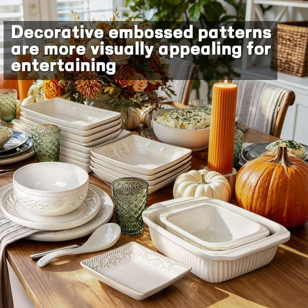 Artena Embossed Rectangular Ceramic Serving Platters Set of 4, 9.85" White