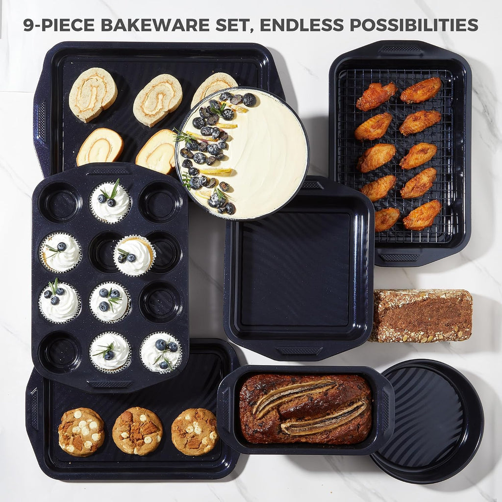 9-Piece Nonstick Bakeware Set, Non-Toxic Baking Pans Set, Shimmer Blue