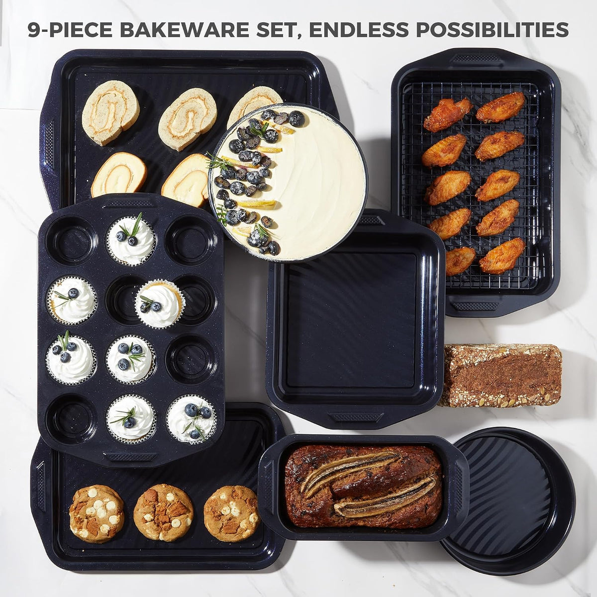 9-Piece Nonstick Bakeware Set, Non-Toxic Baking Pans Set, Shimmer Blue