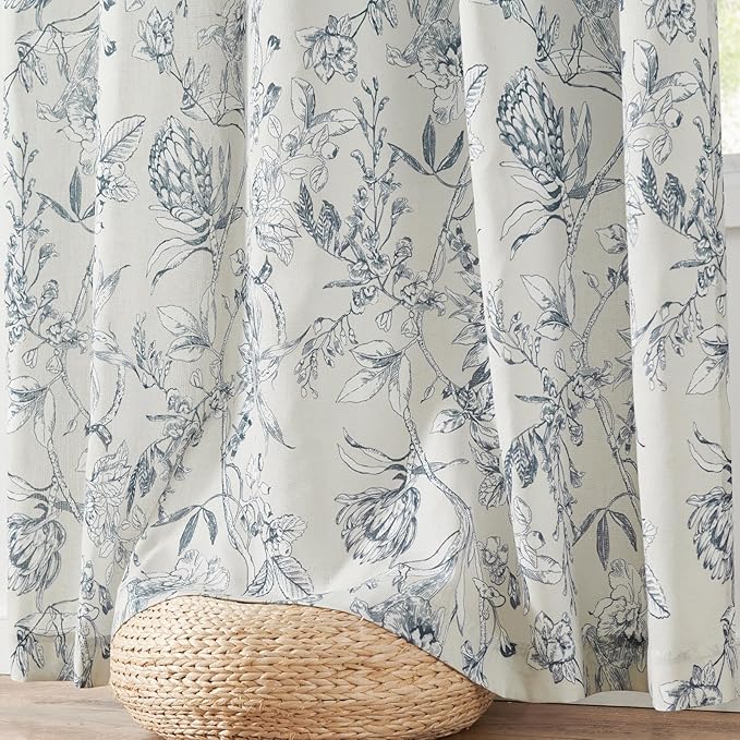 jinchan Floral Curtains 96 Inches Long Blue Flower Linen Farmhouse Curtain - Image 7