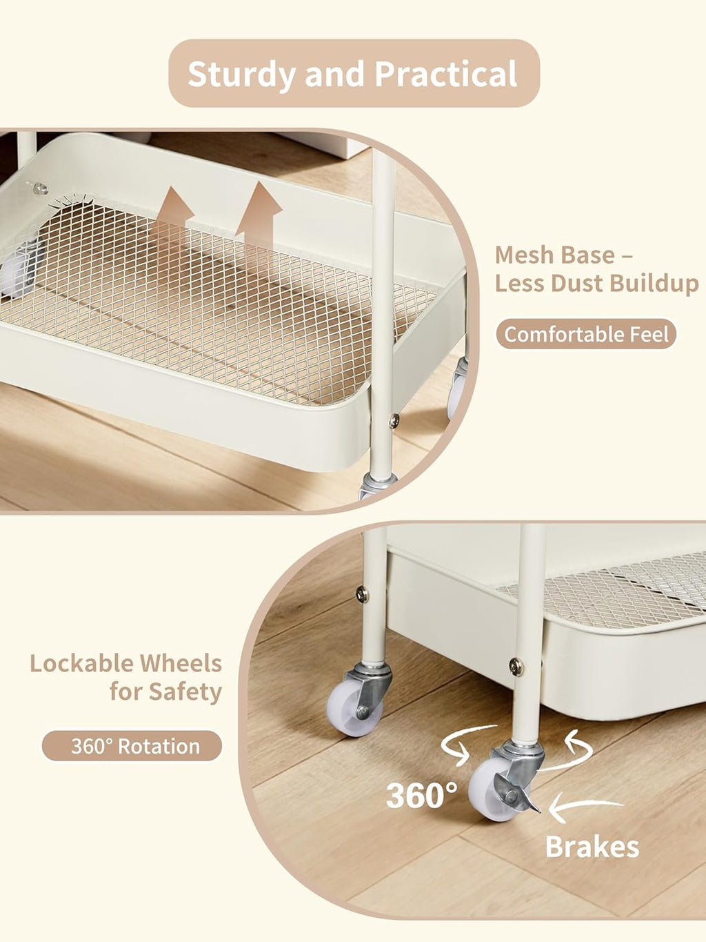 Fortella Baby Diaper Caddy, 3 Tier Rolling Cart for Baby Essentials, Beige