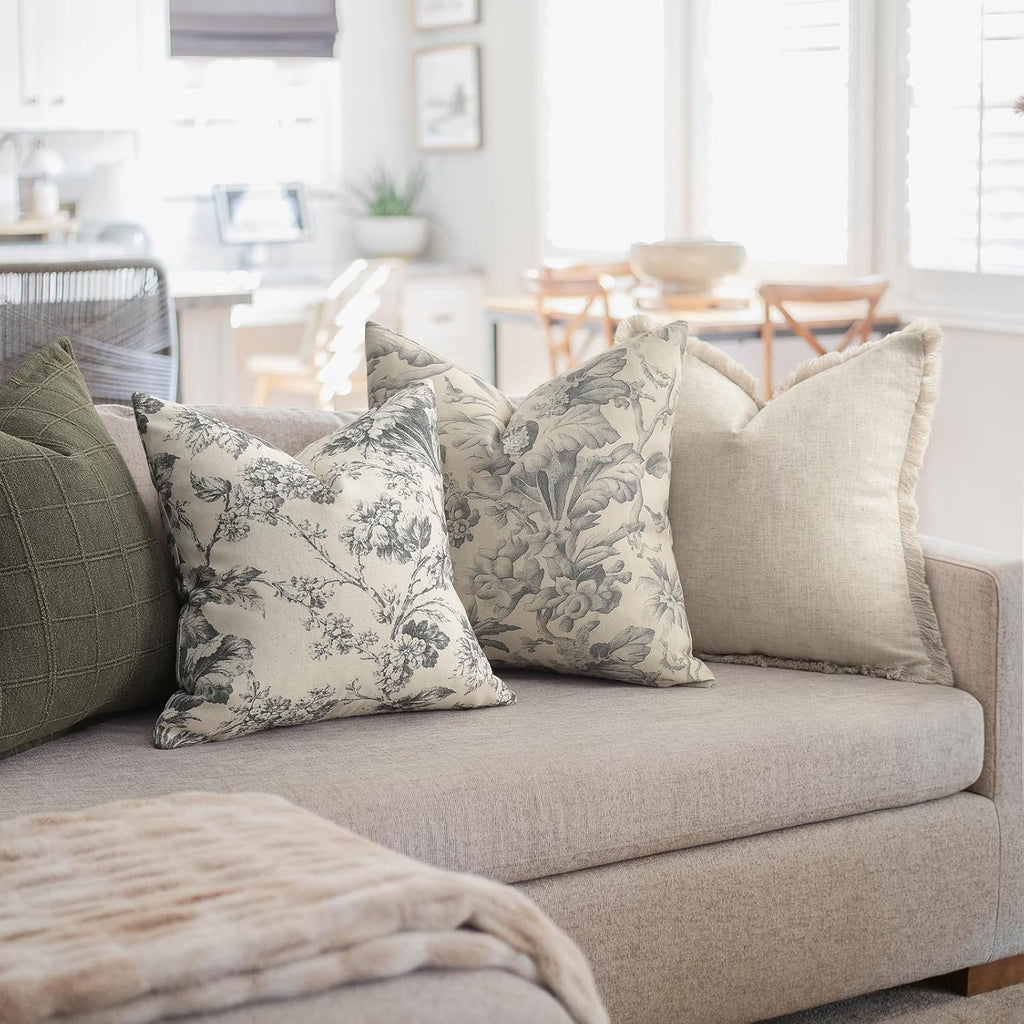 Buenohuas Farmhouse Decorative Pillow Covers 20x20 Set of 2, Vintage Botanical Floral Patterned Cushion Covers for Sofa Couch Chair Bed Living Room Home Decor Accents, Charcoal Gray