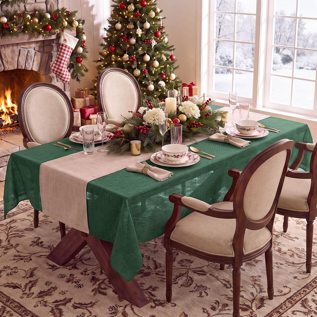 NOVILYS Green Christmas Rectangle Tablecloth with Linen Textured