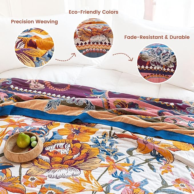 MSGKV Boho Throw Blanket 60"x80" Bed Floral 100% Cotton Blanket Spring - Image 3