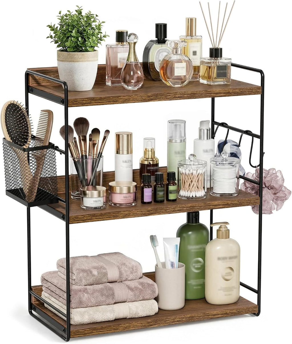 3-Tier Bathroom Counter Organizer and Storage with Basket, Brown