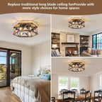 6-light retro style semi-inset ceiling fan lamp, 20 inches, Retro-style antique wooden ceiling fan with light，low-profile ceiling fan lamp, suitable for vacation cabins, bedroom relaxation areas.