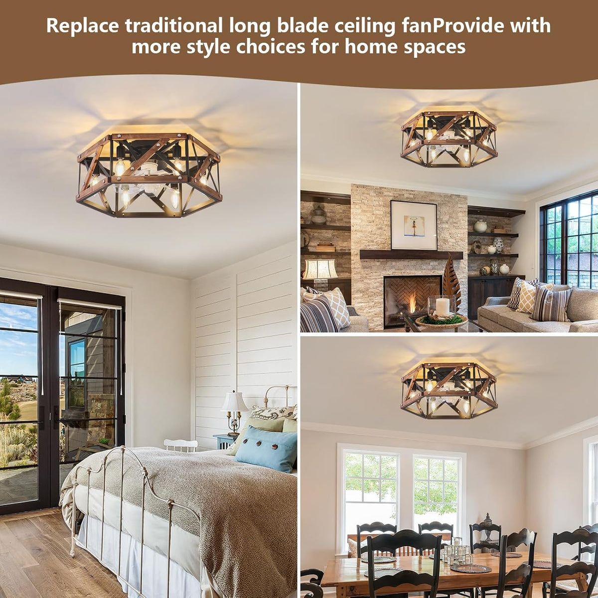6-light retro style semi-inset ceiling fan lamp, 20 inches, Retro-style antique wooden ceiling fan with light，low-profile ceiling fan lamp, suitable for vacation cabins, bedroom relaxation areas.