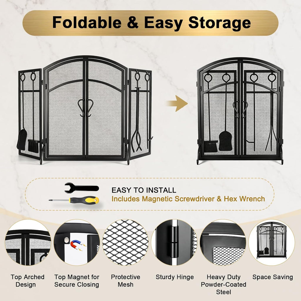 3 Panel Fireplace Screen with Doors & 4-Pcs Fireplace Tools Set