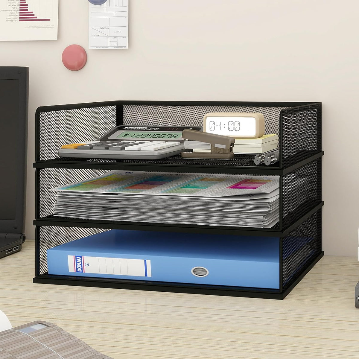 4-Tier Stackable Metal Mesh Letter Paper Tray Organizer,Black