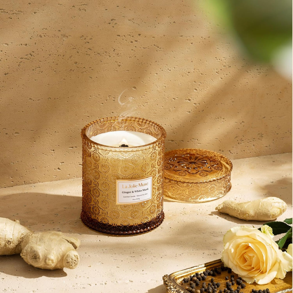LA JOLIE MUSE Ginger & White Musk Scented Candle for Home, Soy Wax, 40 Hrs