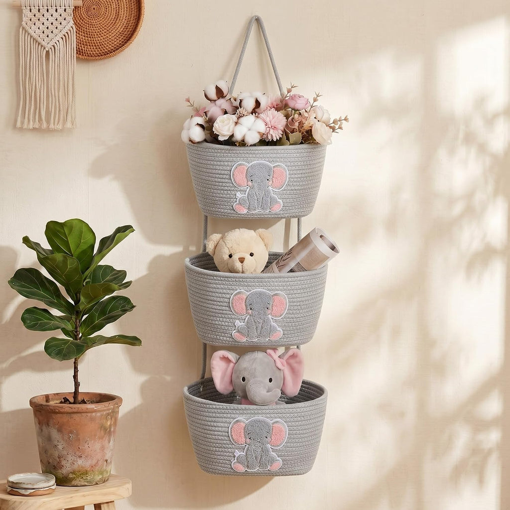 Elephant Nursery Decor Elephant Basket 3-Tier Cotton Rope Hanging Basket Organizer Wall Storage Bin with Hooks, Grey Over Door Decorative Nursery Closet Hanging Accessories