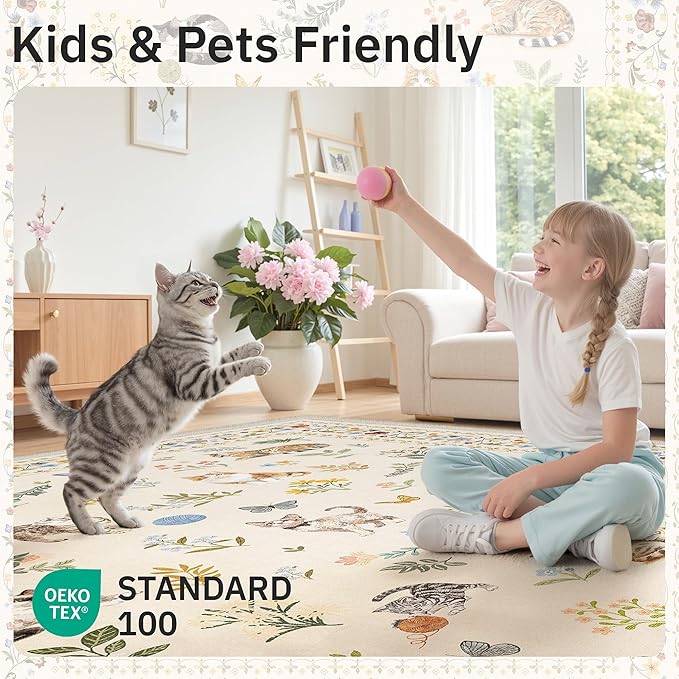 Cat 5x7 Area Rugs for Living Room, Machine Washable Animal Floral Vintage Rug - Image 5