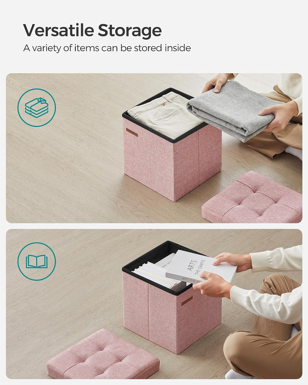 SONGMICS Small Folding Storage Ottoman, 11.8 x 11.8 x 11.8 in
