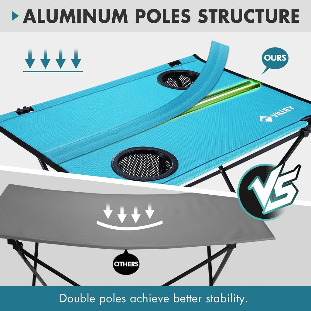 VILLEY Folding Camping Table, Portable Table with 2 Cup Holders, Small