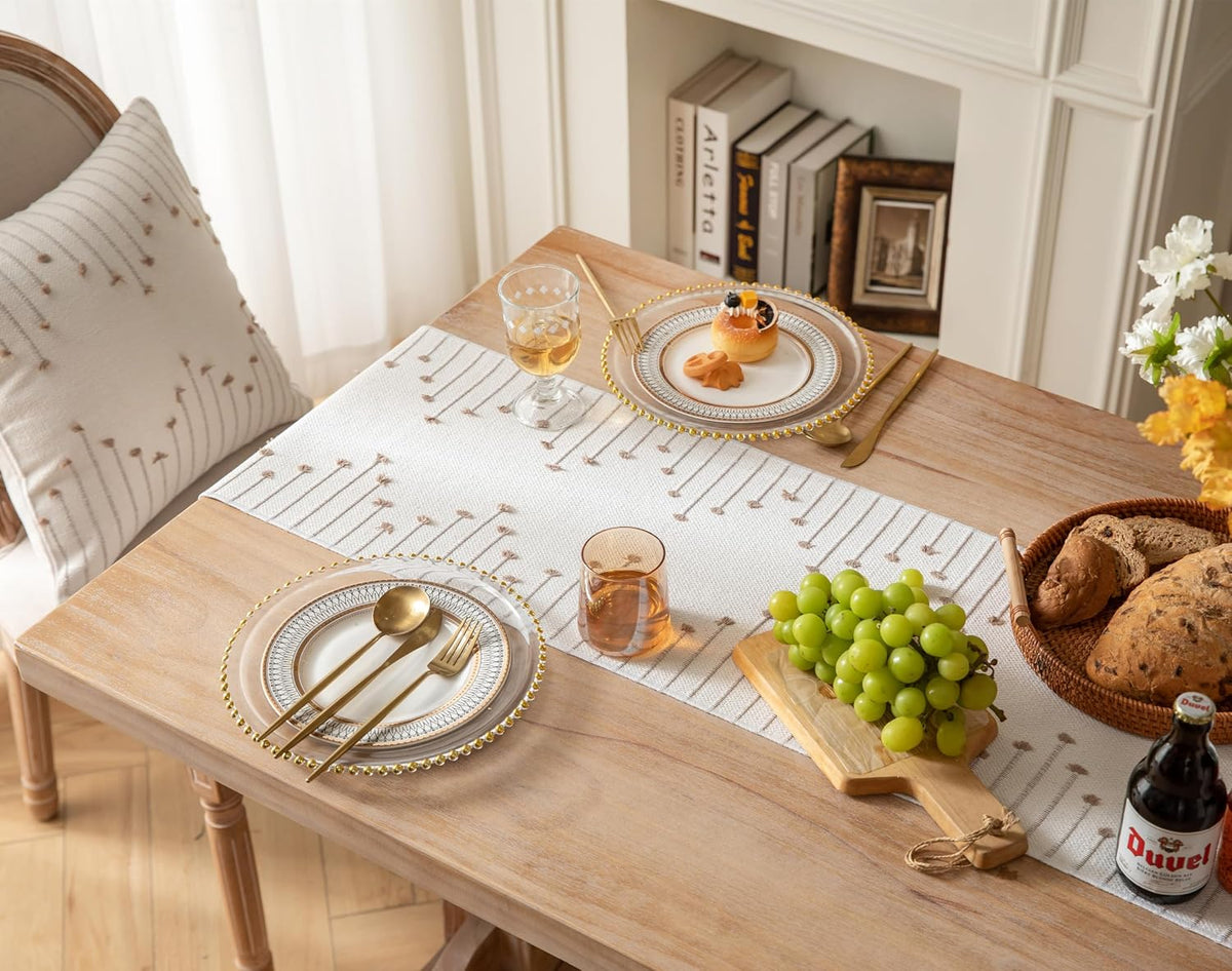 Caflife Taupe Beige Cotton Linen Rustic Boho Table Runner 13 x 90 Inch Long