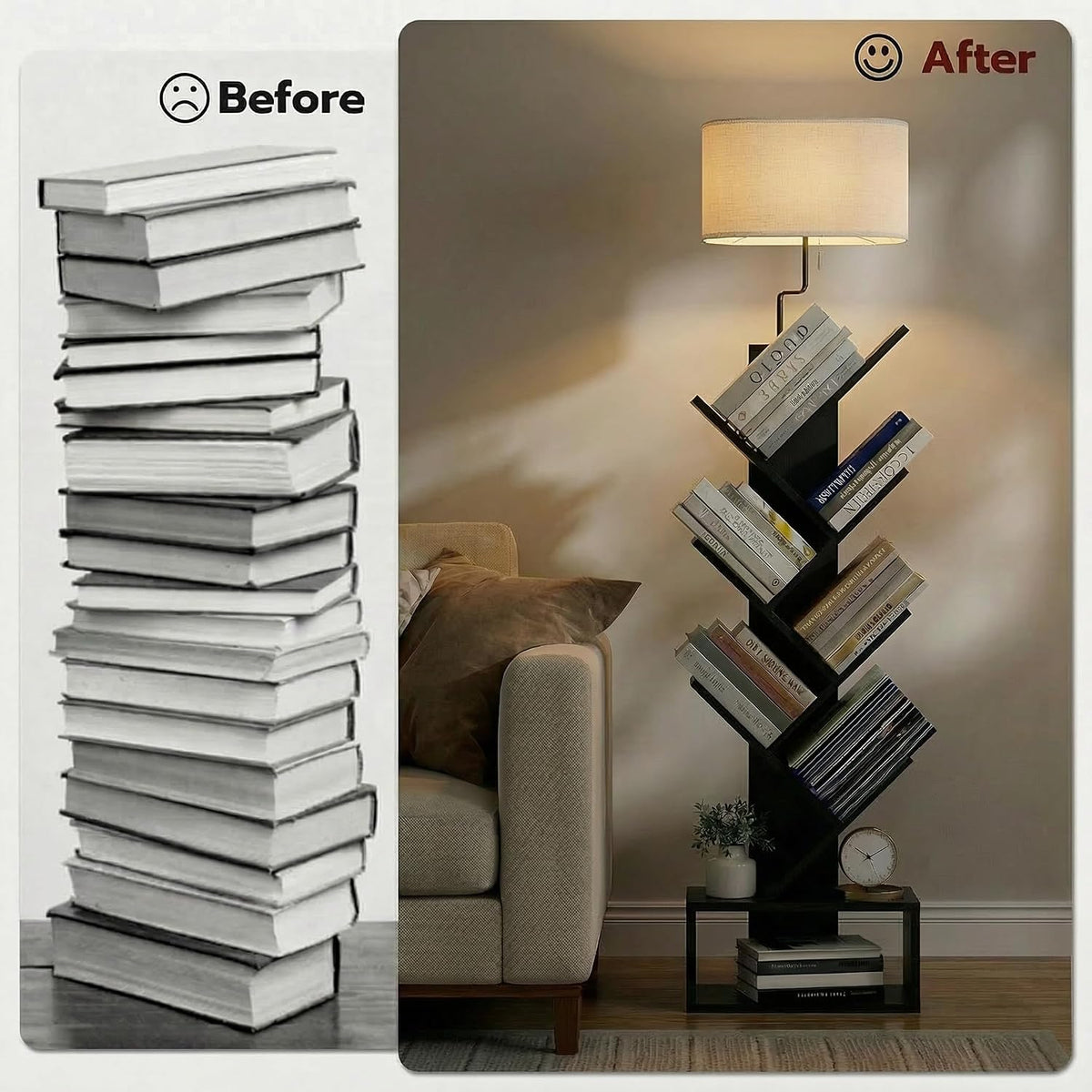 XBurmo 6 Tier Tree Bookshelf with Lights - Small Bookcase, Compact Book Tower with Drawer, Corner Bookshelf for Bedroom, Living Room and Home Office Storage, Black