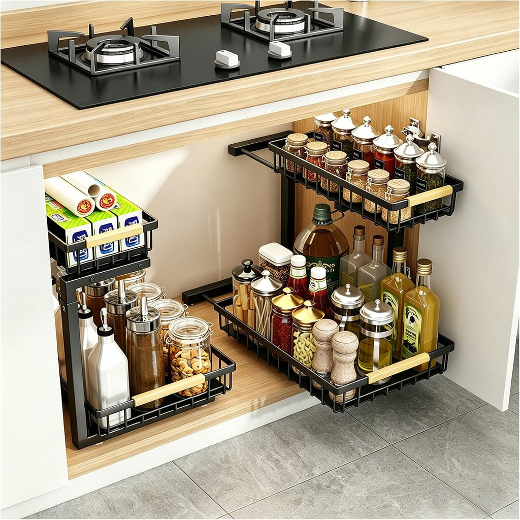2 Pack Under Sink Organizer, 2-Tier Pull Out Kitchen Cabinet Organizer, Height Adjustable Metal Slide Out Bathroom Organizers and Storage Makeup Drawer Organizer for Office Bedroom(A-White, 2Pack)