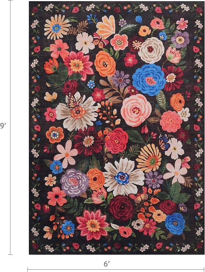Floral Washable 6x9 Area Rugs, Soft Black/Brown Bedroom Rug - Image 2