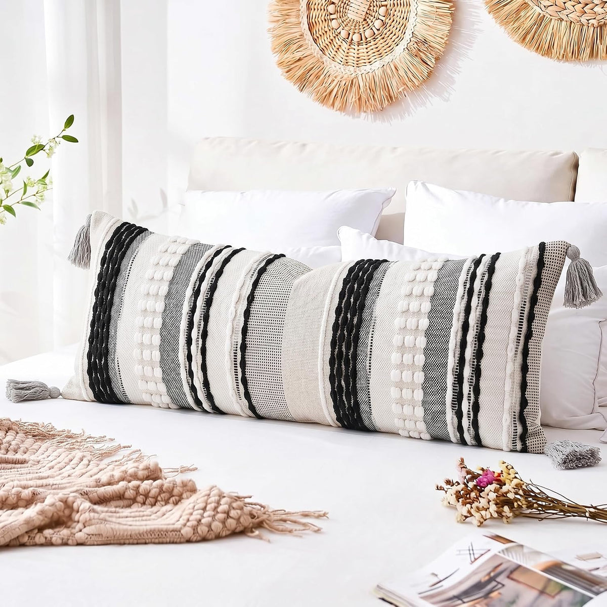 NUYECY Chenille and Cotton Long Pillow for Bed, Striped Textured Boho Lumbar Throw Pillow Cover 14x36, Neutral Accent Decorative Extra Long Body Pillow Case for Couch, Sofa, Bedroom, Black and White