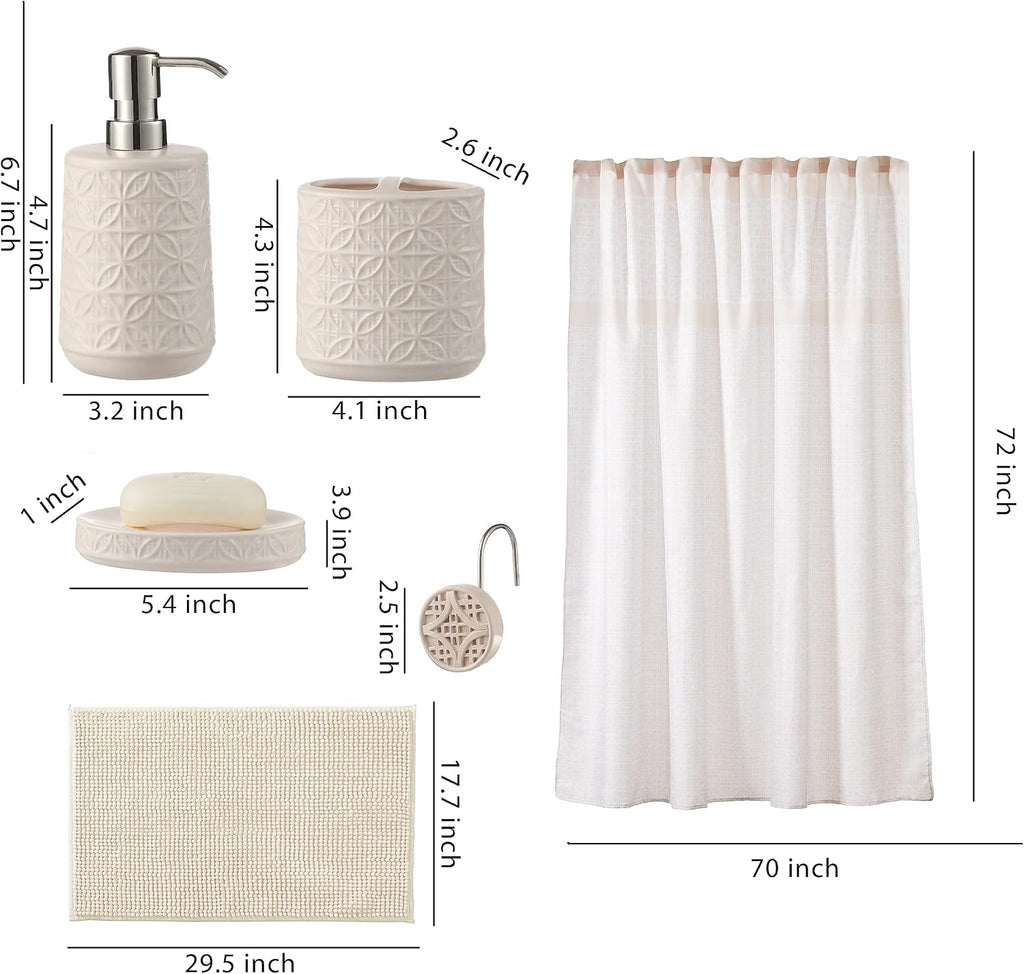 Bathroom Accessories Set, Bath Accessory Complete Set with Lotion Dispenser/Soap Pump, Soap Dish and Toothbrush Holder, Bath Mat, Shower Curtain with 12 Hooks (Embossed Pattern, Tan)