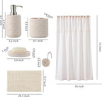 Bathroom Accessories Set, Bath Accessory Complete Set with Lotion Dispenser/Soap Pump, Soap Dish and Toothbrush Holder, Bath Mat, Shower Curtain with 12 Hooks (Embossed Pattern, Tan)