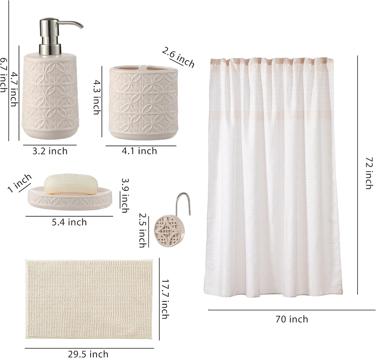 Bathroom Accessories Set, Bath Accessory Complete Set with Lotion Dispenser/Soap Pump, Soap Dish and Toothbrush Holder, Bath Mat, Shower Curtain with 12 Hooks (Embossed Pattern, Tan)