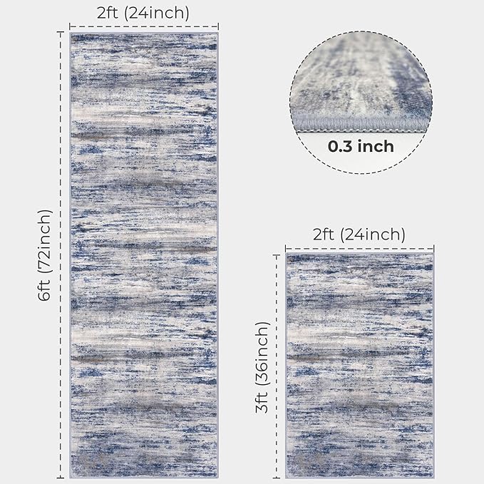 KOZYFLY Modern Abstract Area Rugs 2PCS 2x3 and 2x6 Blue-Grey Machine Washable - Image 2