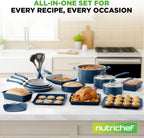 NutriChef Professional 20 Pc Pots and Pans Set Non Stick in Navy Blue - Includes Bakeware & Utensils, Induction Ready, Easy Clean