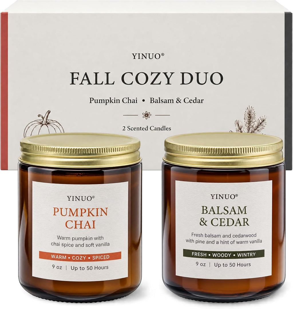 Fall Scented Candles Gift Set, 2 Pack 9oz, Pumpkin Chai & Balsam Cedar