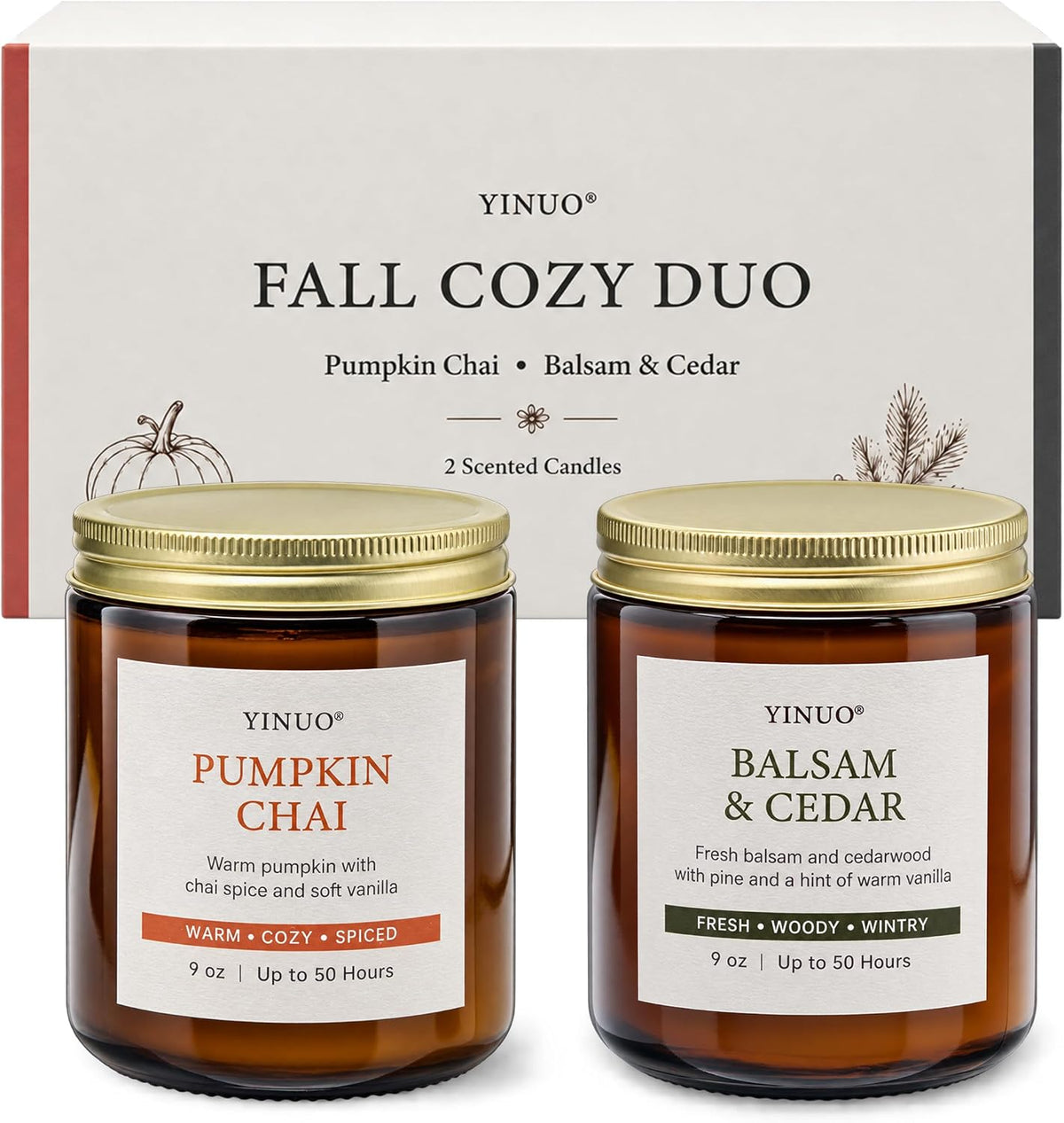 Fall Scented Candles Gift Set, 2 Pack 9oz, Pumpkin Chai & Balsam Cedar