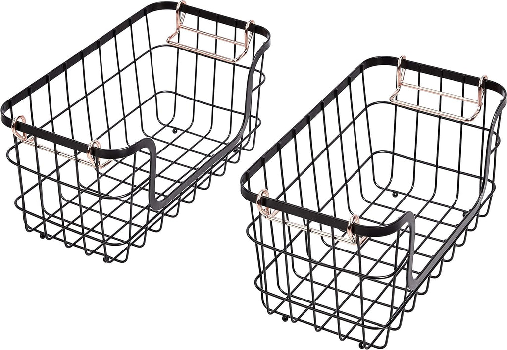 Amazon Basics Stackable Metal Wire Rectangular Storage Baskets for Kitchen, Bathroom or Pantry Organizing, 2 Count, Black