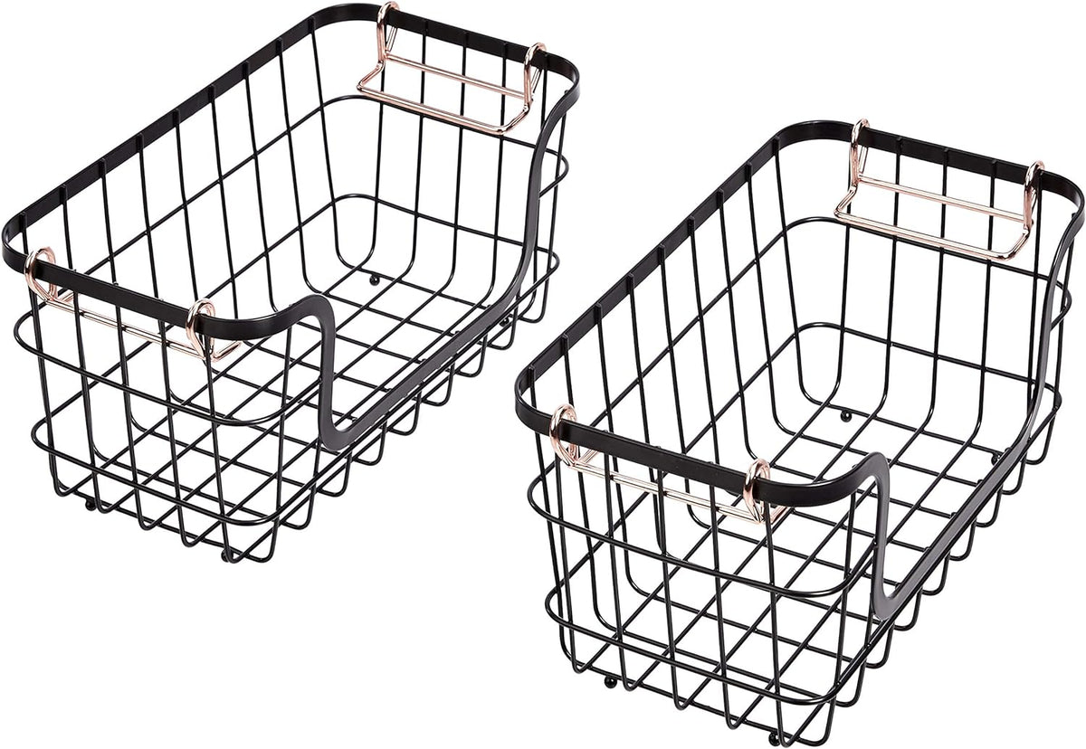 Amazon Basics Stackable Metal Wire Rectangular Storage Baskets for Kitchen, Bathroom or Pantry Organizing, 2 Count, Black