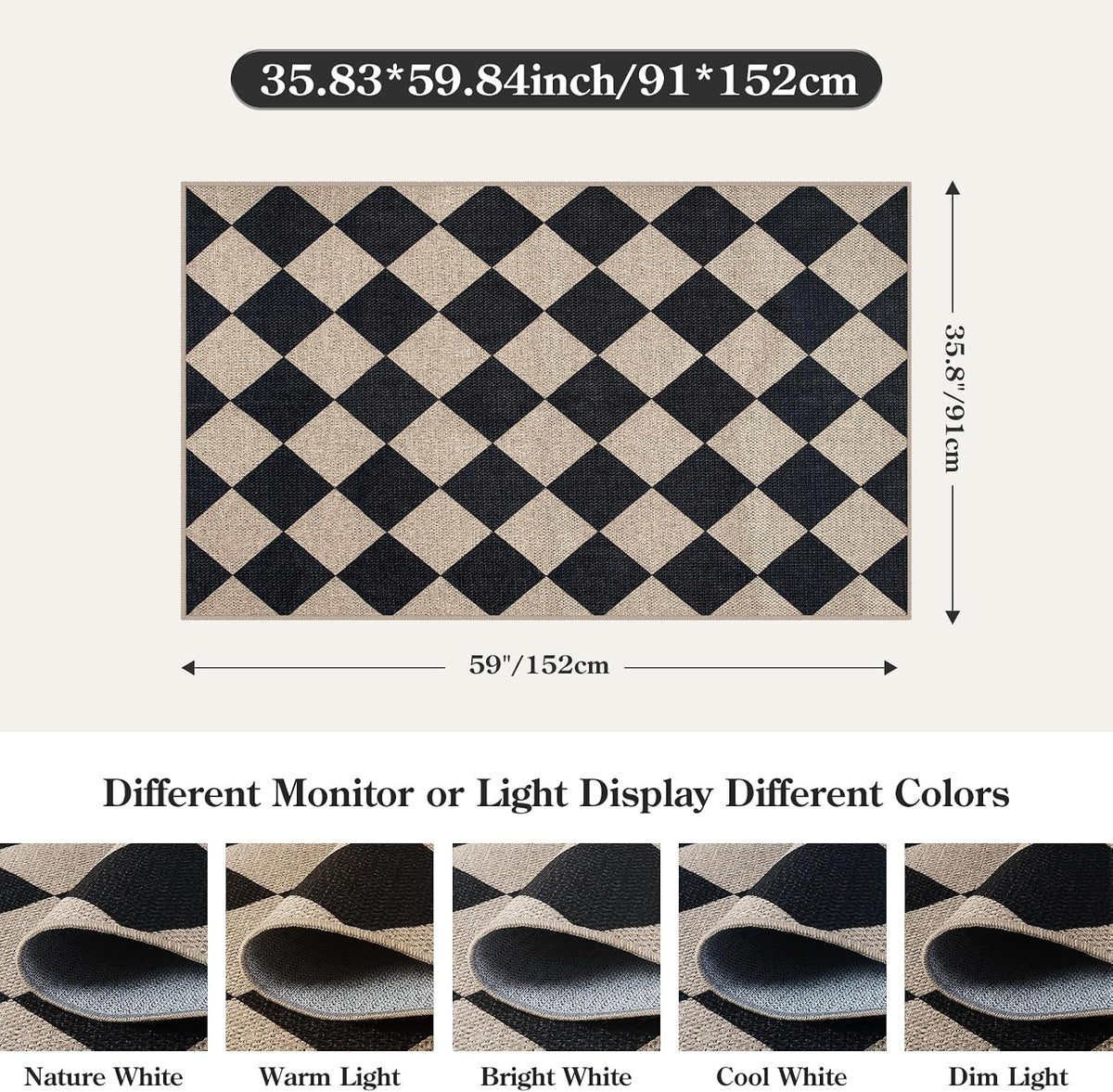Lahome Checkered Easy Jute 3x5 Entryway Front Porch Rug, Black Diamond Indoor Outdoor Patio Layering Rug, Washable Farmhouse Neutral Non Slip Non Shedding Door Carpet for Backyard Blacony