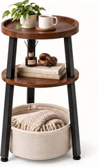 Small Round Side Table, 3-Tier End Table with Storage Basket