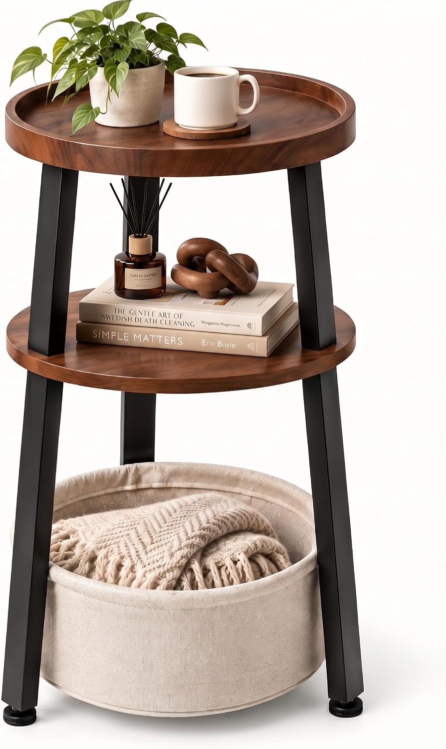Small Round Side Table, 3-Tier End Table with Storage Basket