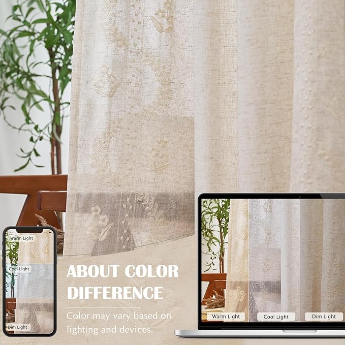 jinchan Belrose Linen Curtains for Bedroom Floral Curtains 63 Inch Length Linen - Image 8