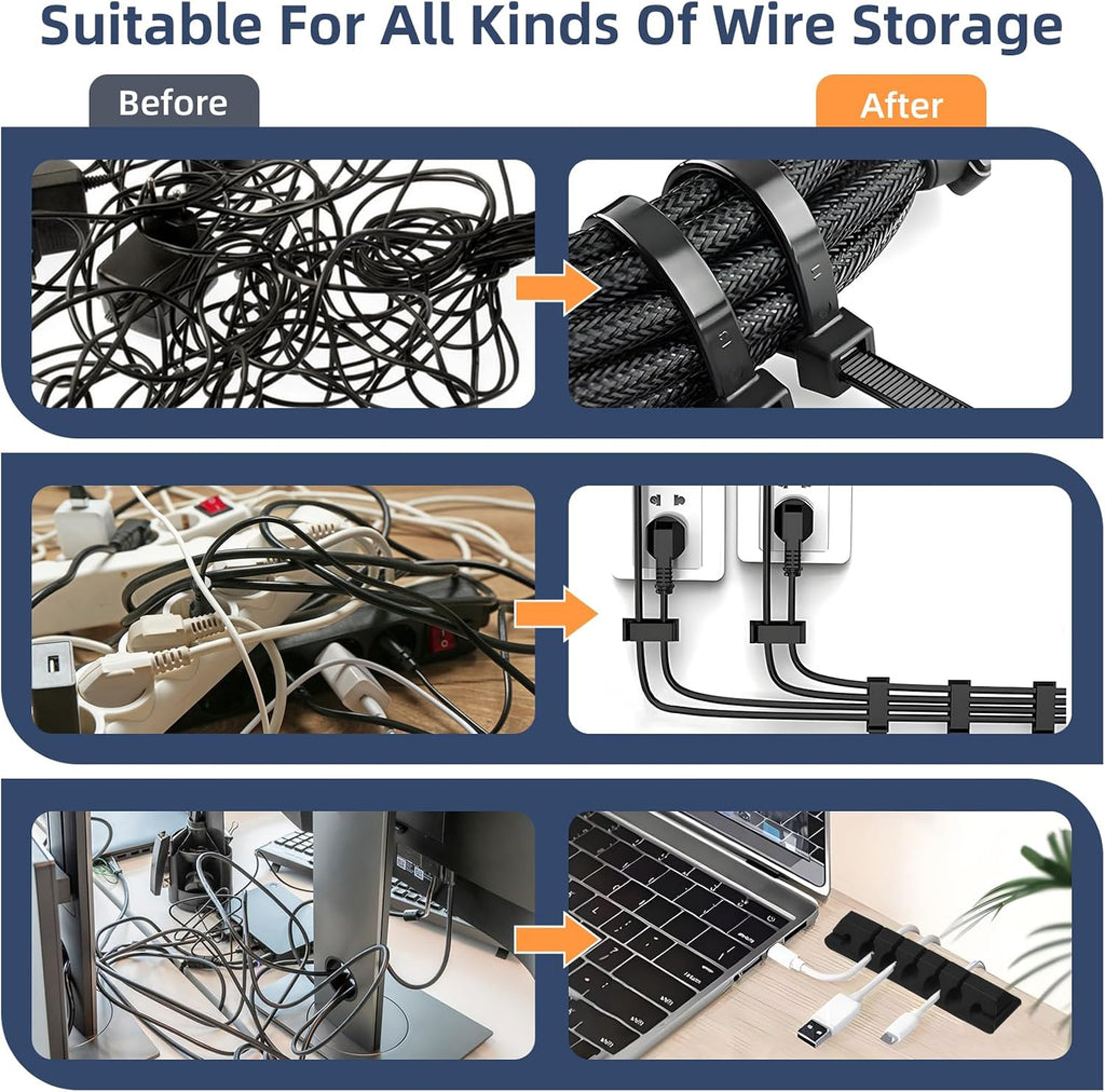 319pcs Cable Management Organizer Kit, Desk Cord Organizer, 98 Adhesive Cable Clips Holder, 17 Reusable Cable Strap, 4 Cable Sleeve Split, and 200 Nylon Cable Zip Ties (Black)