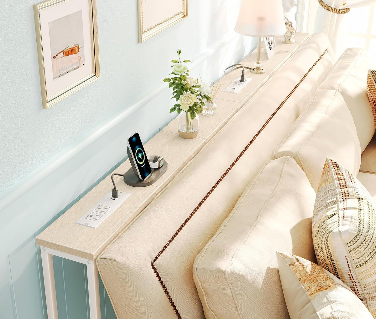 SUPERJARE 78.8 inch Narrow Behind Couch Table with Charging Stations