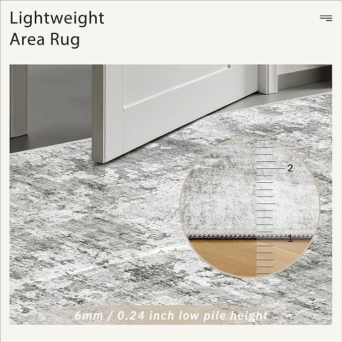 Abstract Rug 5x7 Machine Washable Area Indoor Grey White Low Pile Non-Slip - Image 7