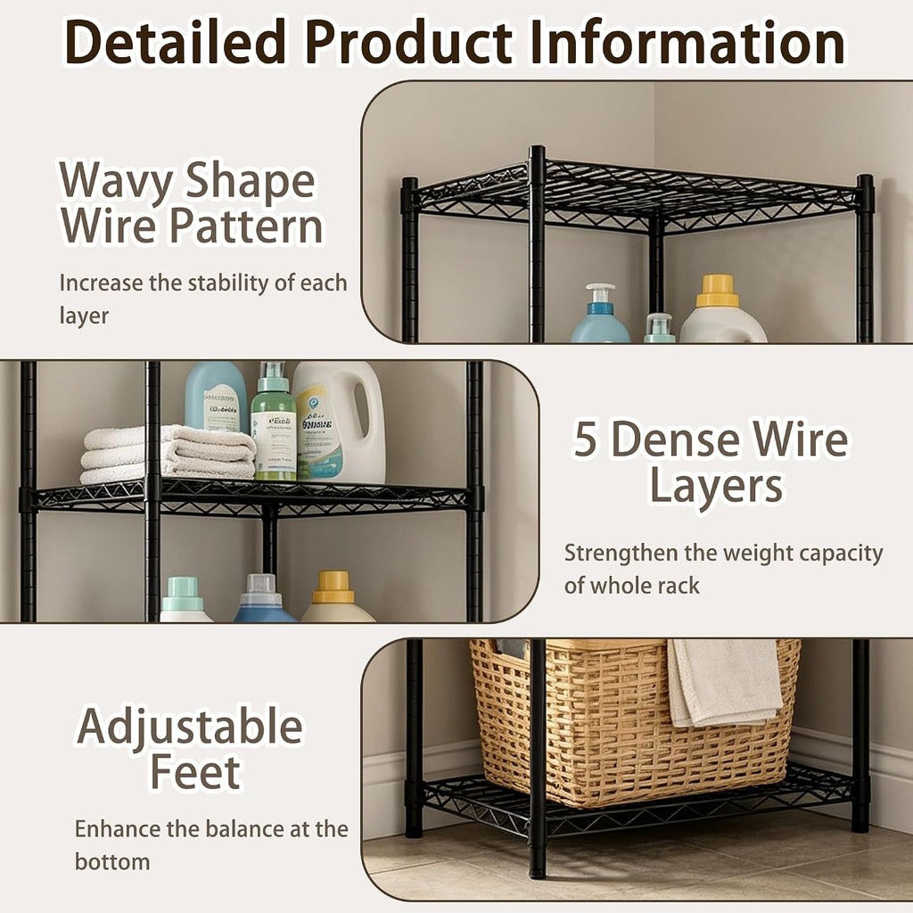 Wire Storage Standing Shelf Rack Tower, Corner Metal Shelving Unit with Adjustable Shelves, Space-Saving Organizer for Garage, Kitchen, Bathroom, 18 * 18 Inch