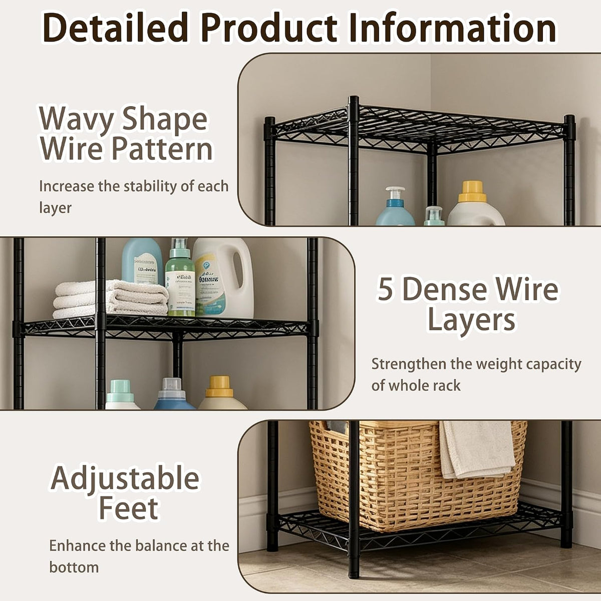 Wire Storage Standing Shelf Rack Tower, Corner Metal Shelving Unit with Adjustable Shelves, Space-Saving Organizer for Garage, Kitchen, Bathroom, 18 * 18 Inch